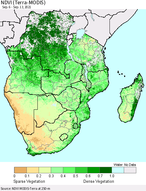 Southern Africa NDVI (Terra-MODIS) Thematic Map For 9/6/2021 - 9/13/2021