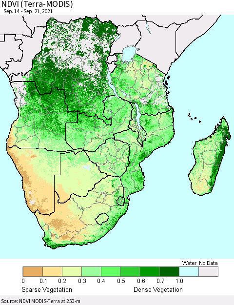 Southern Africa NDVI (Terra-MODIS) Thematic Map For 9/14/2021 - 9/21/2021