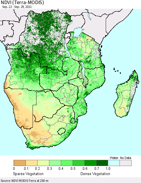 Southern Africa NDVI (Terra-MODIS) Thematic Map For 9/22/2021 - 9/29/2021