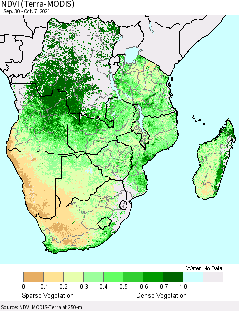 Southern Africa NDVI (Terra-MODIS) Thematic Map For 9/30/2021 - 10/7/2021