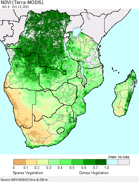 Southern Africa NDVI (Terra-MODIS) Thematic Map For 10/8/2021 - 10/15/2021
