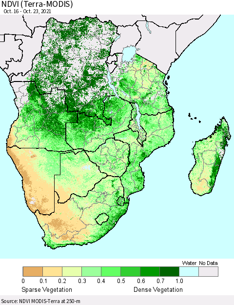 Southern Africa NDVI (Terra-MODIS) Thematic Map For 10/16/2021 - 10/23/2021
