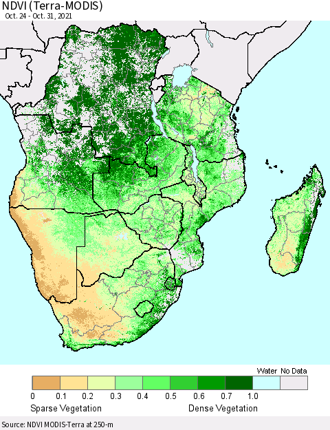 Southern Africa NDVI (Terra-MODIS) Thematic Map For 10/24/2021 - 10/31/2021