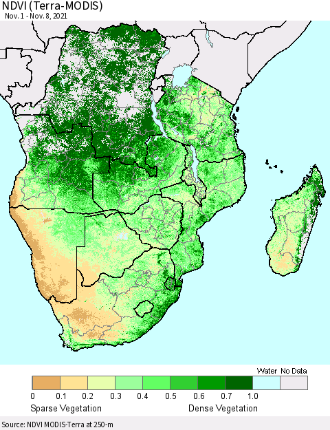 Southern Africa NDVI (Terra-MODIS) Thematic Map For 11/1/2021 - 11/8/2021