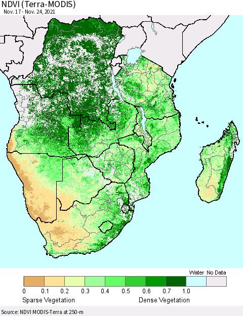 Southern Africa NDVI (Terra-MODIS) Thematic Map For 11/17/2021 - 11/24/2021