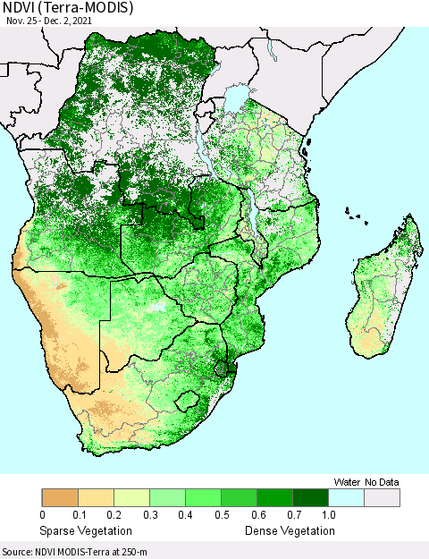 Southern Africa NDVI (Terra-MODIS) Thematic Map For 11/25/2021 - 12/2/2021
