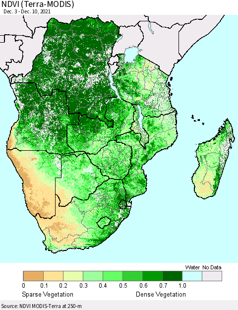 Southern Africa NDVI (Terra-MODIS) Thematic Map For 12/3/2021 - 12/10/2021