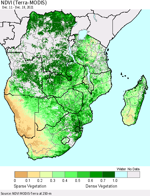 Southern Africa NDVI (Terra-MODIS) Thematic Map For 12/11/2021 - 12/18/2021