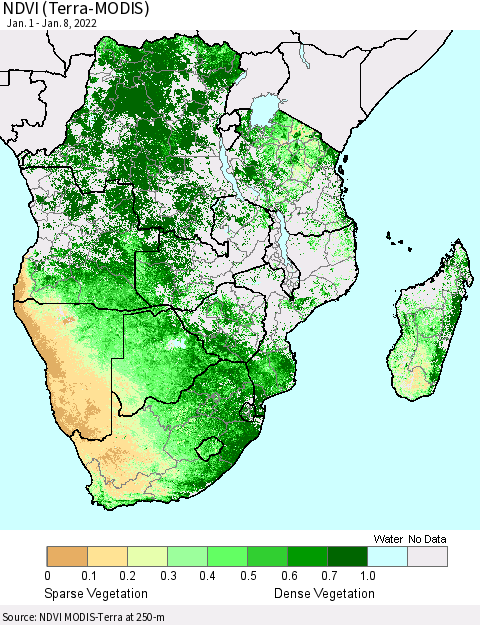 Southern Africa NDVI (Terra-MODIS) Thematic Map For 1/1/2022 - 1/8/2022
