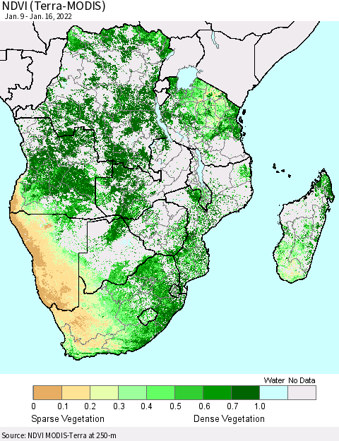 Southern Africa NDVI (Terra-MODIS) Thematic Map For 1/9/2022 - 1/16/2022