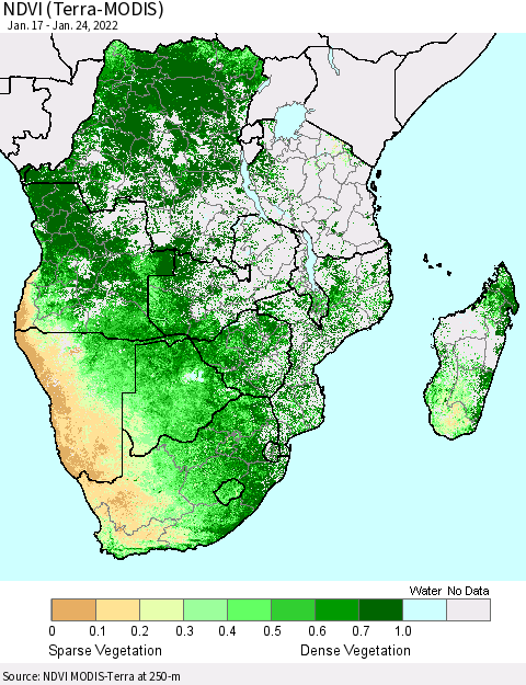 Southern Africa NDVI (Terra-MODIS) Thematic Map For 1/17/2022 - 1/24/2022