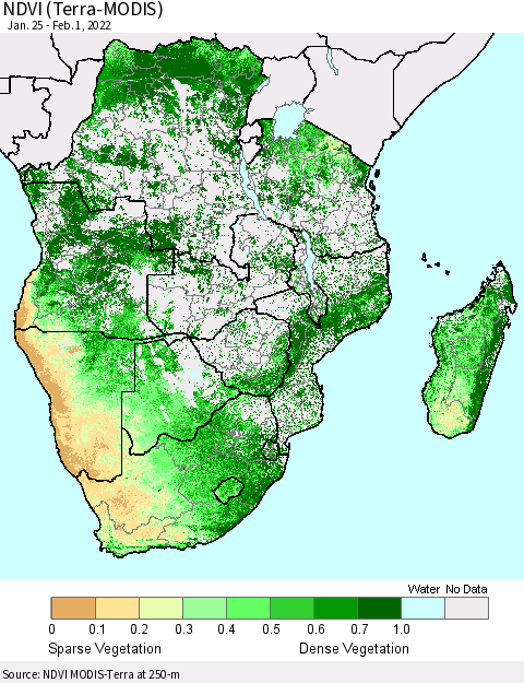 Southern Africa NDVI (Terra-MODIS) Thematic Map For 1/25/2022 - 2/1/2022