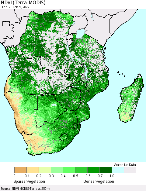 Southern Africa NDVI (Terra-MODIS) Thematic Map For 2/2/2022 - 2/9/2022