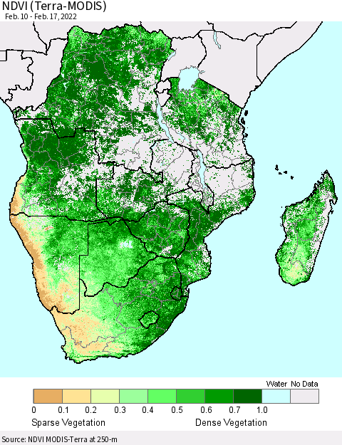 Southern Africa NDVI (Terra-MODIS) Thematic Map For 2/10/2022 - 2/17/2022