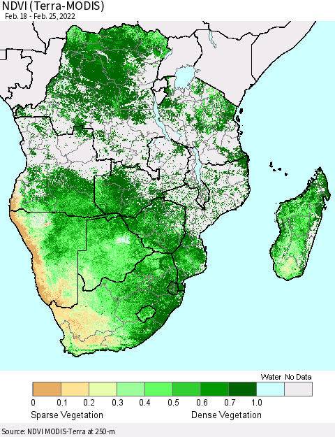 Southern Africa NDVI (Terra-MODIS) Thematic Map For 2/18/2022 - 2/25/2022