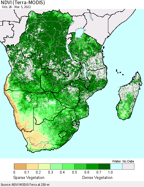 Southern Africa NDVI (Terra-MODIS) Thematic Map For 2/26/2022 - 3/5/2022