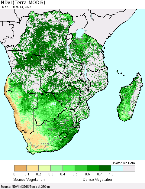 Southern Africa NDVI (Terra-MODIS) Thematic Map For 3/6/2022 - 3/13/2022