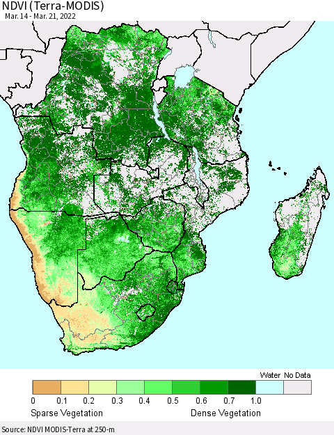 Southern Africa NDVI (Terra-MODIS) Thematic Map For 3/14/2022 - 3/21/2022