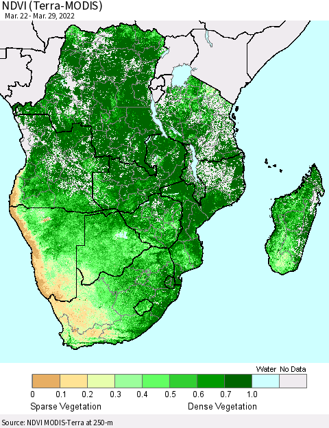 Southern Africa NDVI (Terra-MODIS) Thematic Map For 3/22/2022 - 3/29/2022