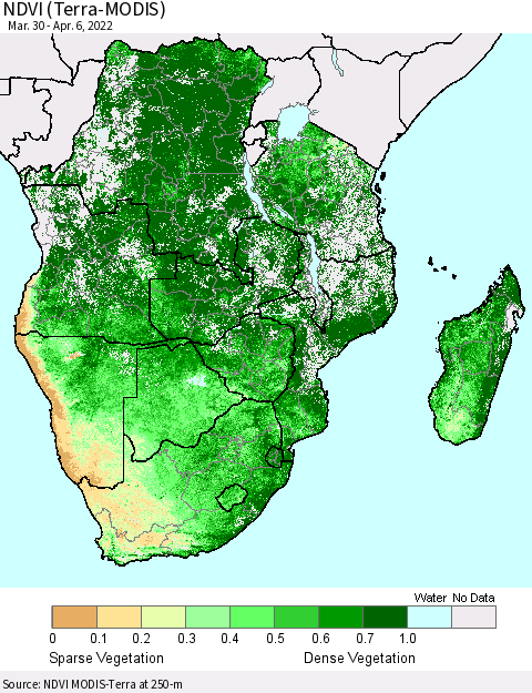 Southern Africa NDVI (Terra-MODIS) Thematic Map For 3/30/2022 - 4/6/2022