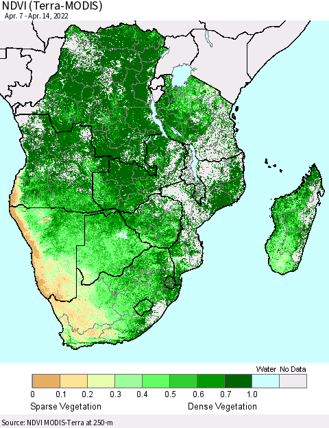Southern Africa NDVI (Terra-MODIS) Thematic Map For 4/7/2022 - 4/14/2022