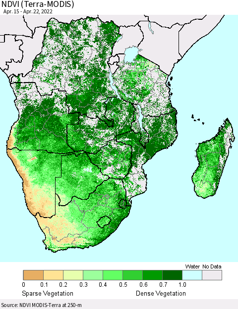 Southern Africa NDVI (Terra-MODIS) Thematic Map For 4/15/2022 - 4/22/2022