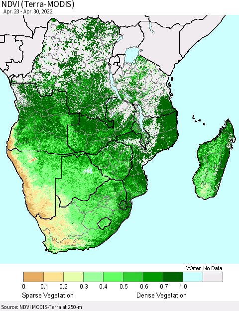 Southern Africa NDVI (Terra-MODIS) Thematic Map For 4/23/2022 - 4/30/2022
