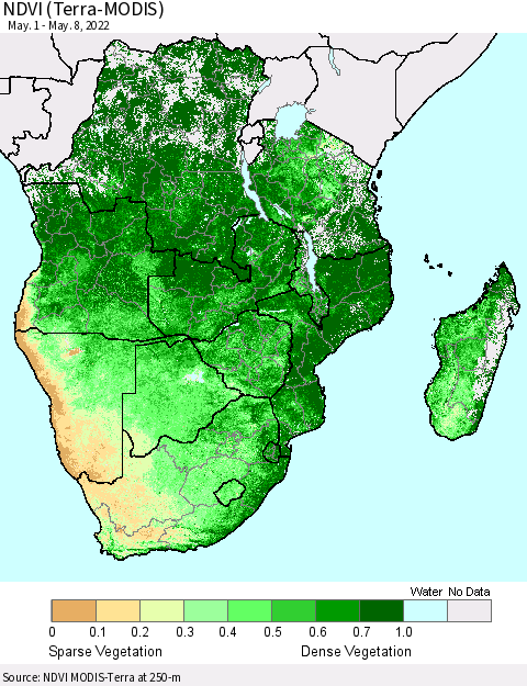 Southern Africa NDVI (Terra-MODIS) Thematic Map For 5/1/2022 - 5/8/2022