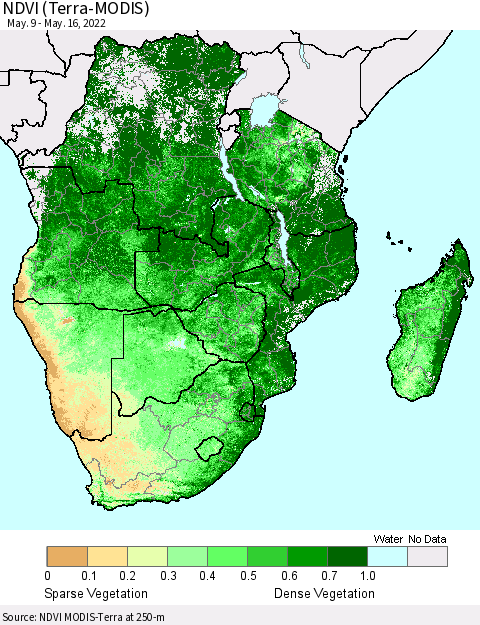 Southern Africa NDVI (Terra-MODIS) Thematic Map For 5/9/2022 - 5/16/2022