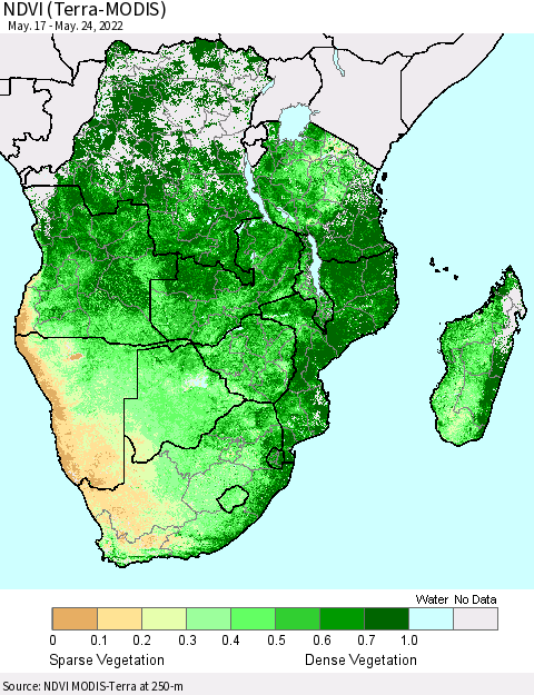 Southern Africa NDVI (Terra-MODIS) Thematic Map For 5/17/2022 - 5/24/2022