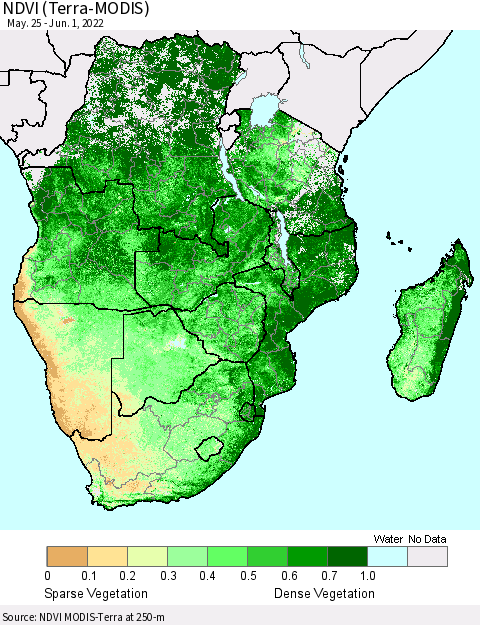 Southern Africa NDVI (Terra-MODIS) Thematic Map For 5/25/2022 - 6/1/2022