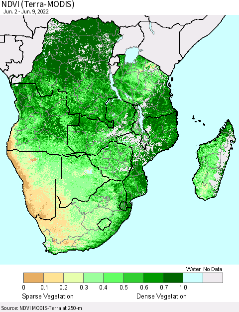 Southern Africa NDVI (Terra-MODIS) Thematic Map For 6/2/2022 - 6/9/2022
