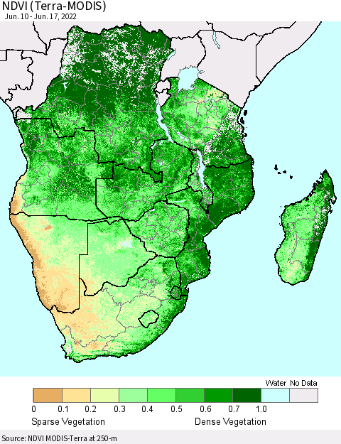 Southern Africa NDVI (Terra-MODIS) Thematic Map For 6/10/2022 - 6/17/2022