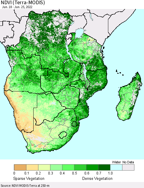 Southern Africa NDVI (Terra-MODIS) Thematic Map For 6/18/2022 - 6/25/2022