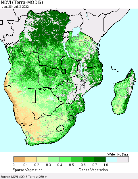 Southern Africa NDVI (Terra-MODIS) Thematic Map For 6/26/2022 - 7/3/2022