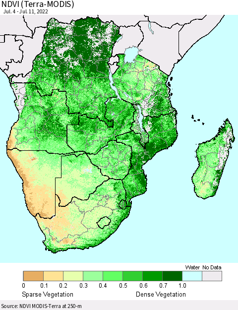 Southern Africa NDVI (Terra-MODIS) Thematic Map For 7/4/2022 - 7/11/2022