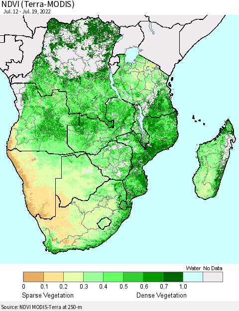 Southern Africa NDVI (Terra-MODIS) Thematic Map For 7/12/2022 - 7/19/2022