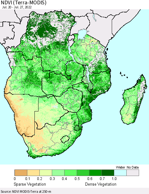 Southern Africa NDVI (Terra-MODIS) Thematic Map For 7/20/2022 - 7/27/2022