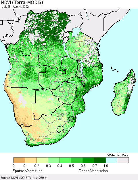Southern Africa NDVI (Terra-MODIS) Thematic Map For 7/28/2022 - 8/4/2022