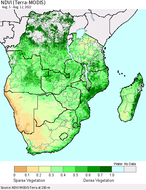 Southern Africa NDVI (Terra-MODIS) Thematic Map For 8/5/2022 - 8/12/2022
