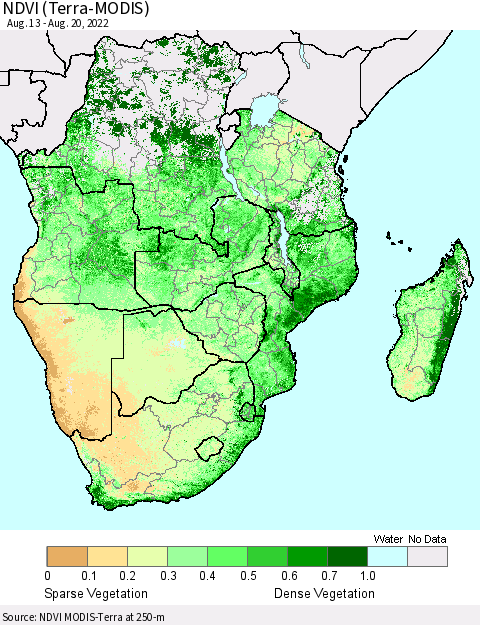 Southern Africa NDVI (Terra-MODIS) Thematic Map For 8/13/2022 - 8/20/2022
