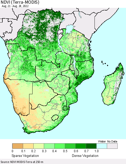 Southern Africa NDVI (Terra-MODIS) Thematic Map For 8/21/2022 - 8/28/2022