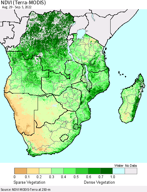 Southern Africa NDVI (Terra-MODIS) Thematic Map For 8/29/2022 - 9/5/2022
