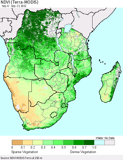 Southern Africa NDVI (Terra-MODIS) Thematic Map For 9/6/2022 - 9/13/2022