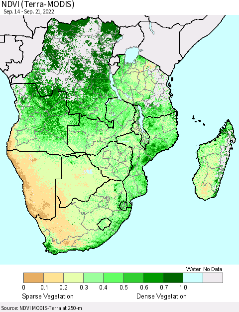 Southern Africa NDVI (Terra-MODIS) Thematic Map For 9/14/2022 - 9/21/2022