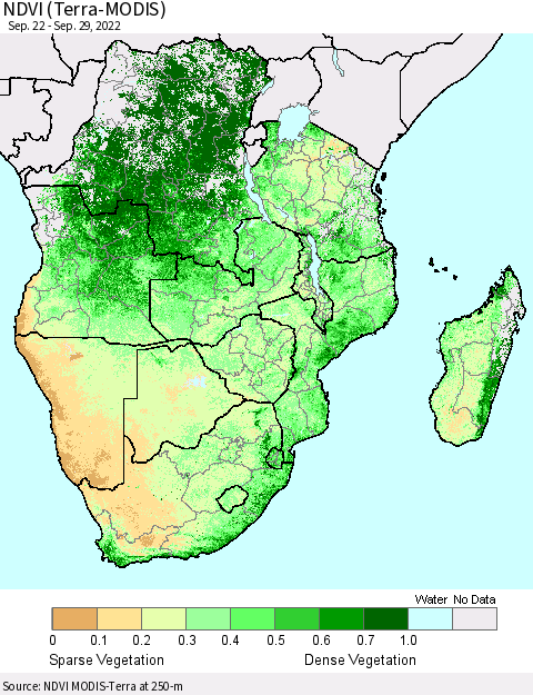 Southern Africa NDVI (Terra-MODIS) Thematic Map For 9/22/2022 - 9/29/2022