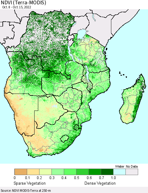 Southern Africa NDVI (Terra-MODIS) Thematic Map For 10/8/2022 - 10/15/2022