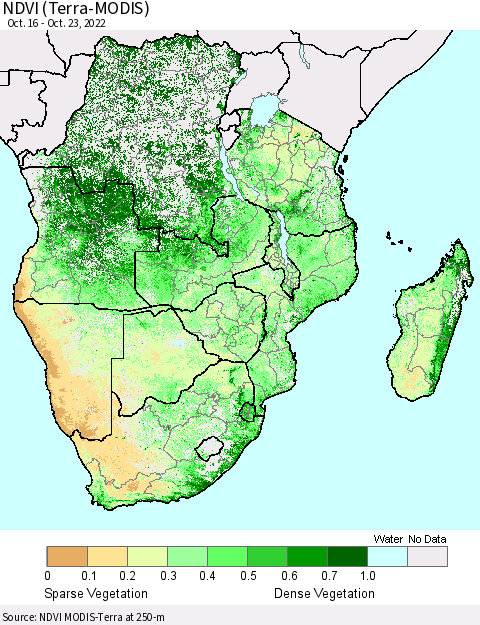Southern Africa NDVI (Terra-MODIS) Thematic Map For 10/16/2022 - 10/23/2022
