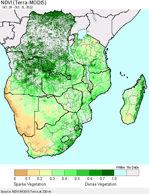 Southern Africa NDVI (Terra-MODIS) Thematic Map For 10/24/2022 - 10/31/2022