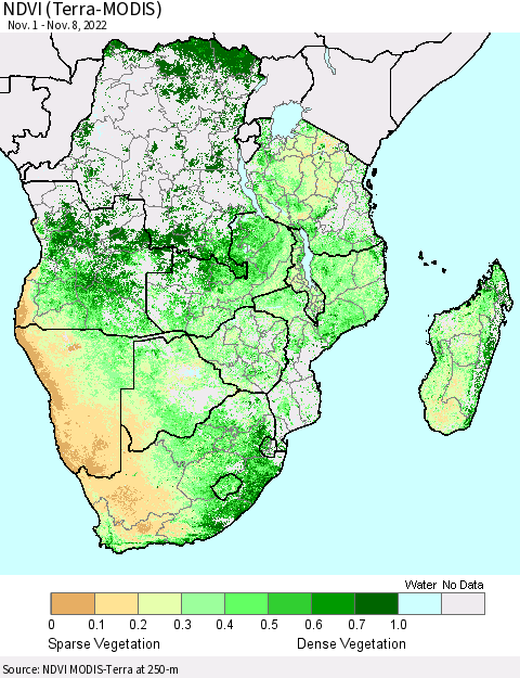 Southern Africa NDVI (Terra-MODIS) Thematic Map For 11/1/2022 - 11/8/2022